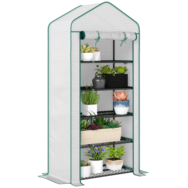 Outsunny 5 Tier Mini Greenhouse, Small Portable Greenhouse with PE Cover, Roll-Up Zippered Door, 76" x 35.4" x 19.3", White