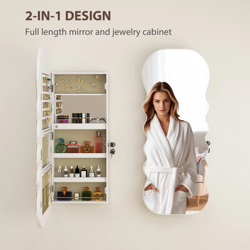 HOMCOM Jewelry Armoire Cabinet with Lights, Wall Mounted or Door Hanging Mirror Jewelry Cabinet with Full Length Mirror, White