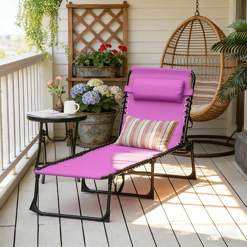 Outsunny Folding Chaise Lounge Pool Chair with 4-Position Reclining Back, Pillow, Breathable Mesh & Bungee Seat, Purple