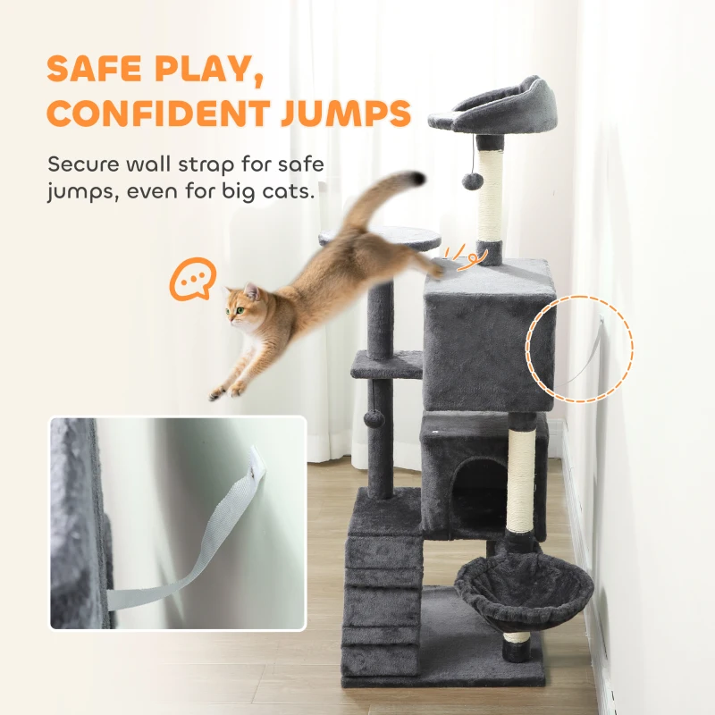 PawHut 63 Inch Cat Tree with Sisal Scratching Posts, Condos, Plush Perches, Hammock, Ladder, Dangling Balls, Dark Grey