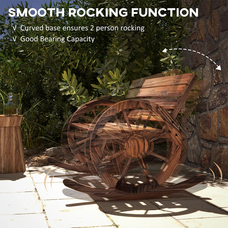 Outsunny Rocking Outdoor Bench, Wood Outdoor Loveseat with Wagon Wheel Armrests, Carbonized