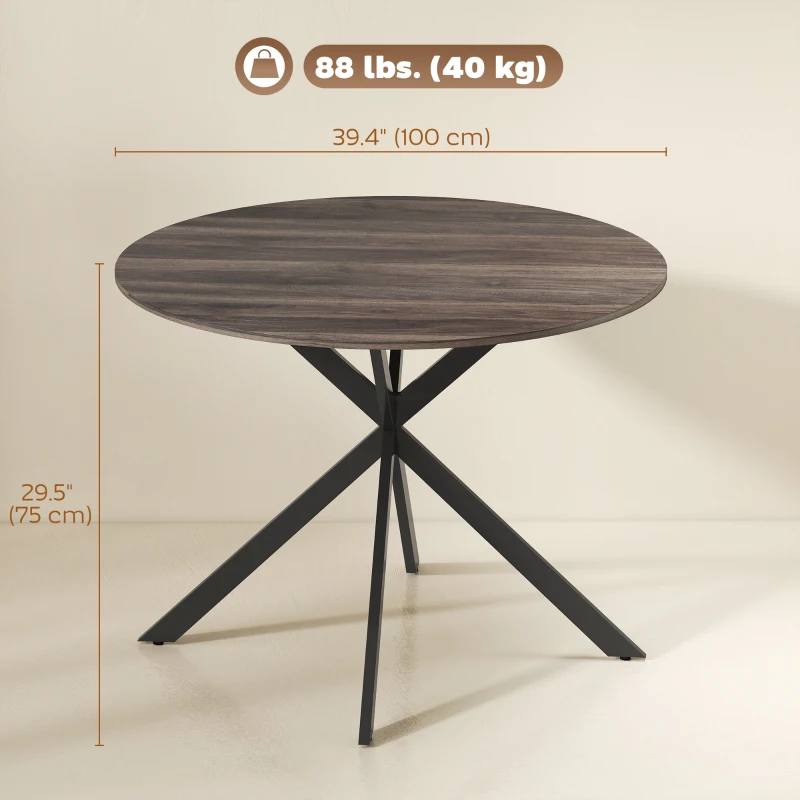 HOMCOM 40" Round Kitchen Table for 4, Industrial Dining Table with Steel Legs for Dining Room, Distressed Brown