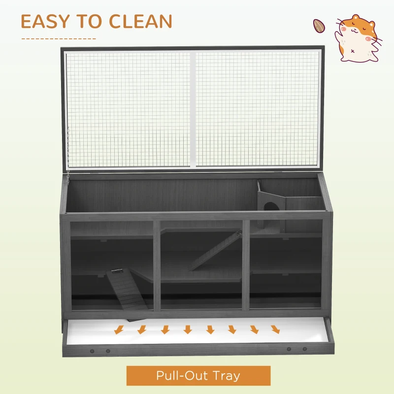 PawHut Extra Large Wooden Hamster Cage with Opening Roof, Hut, Ramps, Gray
