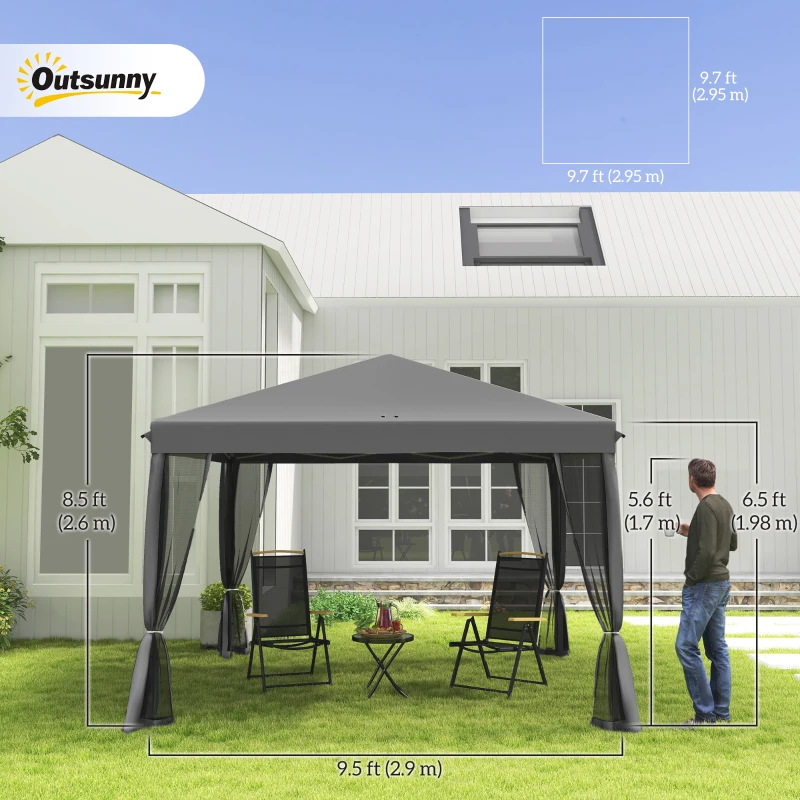 Outsunny 10' x 10' Pop Up Canopy Tent Gazebo, Foldable Canopy Tent with Zipper Mesh Sidewalls, Light Grey