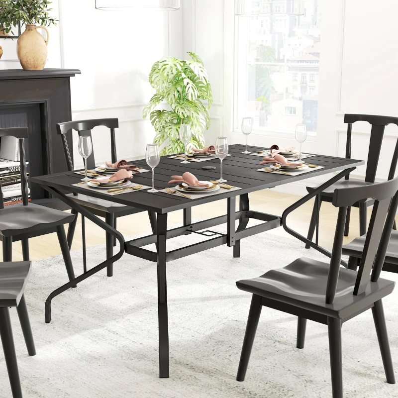 Outsunny Rectangular Patio Table with Umbrella Hole, Steel Rectangle Outdoor Dining Table for 6 People for Garden, Black