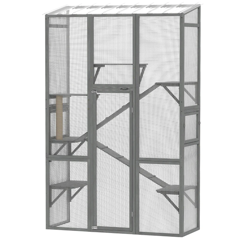 PawHut Wooden Catio Outdoor Cat Enclosure with 6 Jumping Platforms, Scratching Post, 2 Ramps, Waterproof Roof, Grey