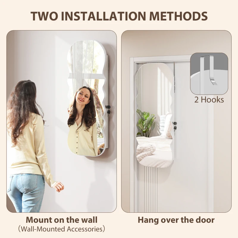 HOMCOM Jewelry Armoire Cabinet with Lights, Wall Mounted or Door Hanging Mirror Jewelry Cabinet with Full Length Mirror, White