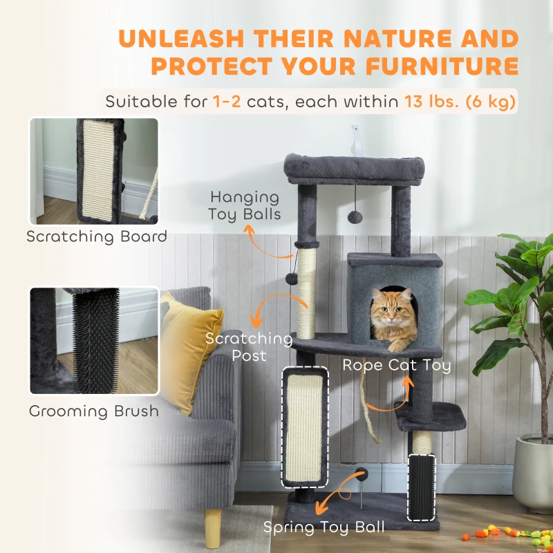 PawHut 52 Inch Cat Tree with Scratching Posts, Cat Bed, Condo, Grooming Brush, Jumping Platforms, Toy Balls, Anti-tip Kit