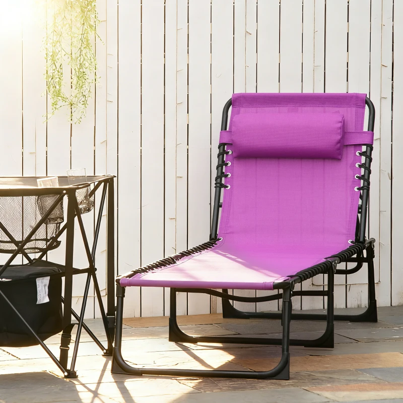 Outsunny Folding Chaise Lounge Pool Chair with 4-Position Reclining Back, Pillow, Breathable Mesh & Bungee Seat, Purple
