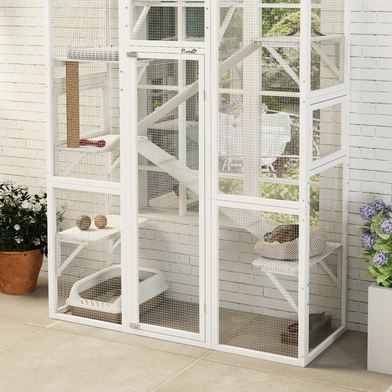 PawHut Wooden Catio Outdoor Cat Enclosure with 6 Jumping Platforms, Scratching Post, 2 Ramps, Waterproof Roof, White