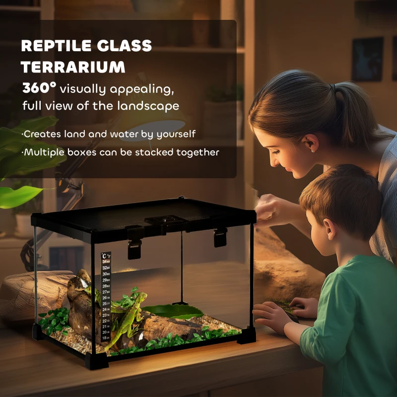 PawHut Glass Reptile Terrarium with Thermometer, Water Basin, Full View Visually for Lizards, Horned Frogs, Snakes, Spiders