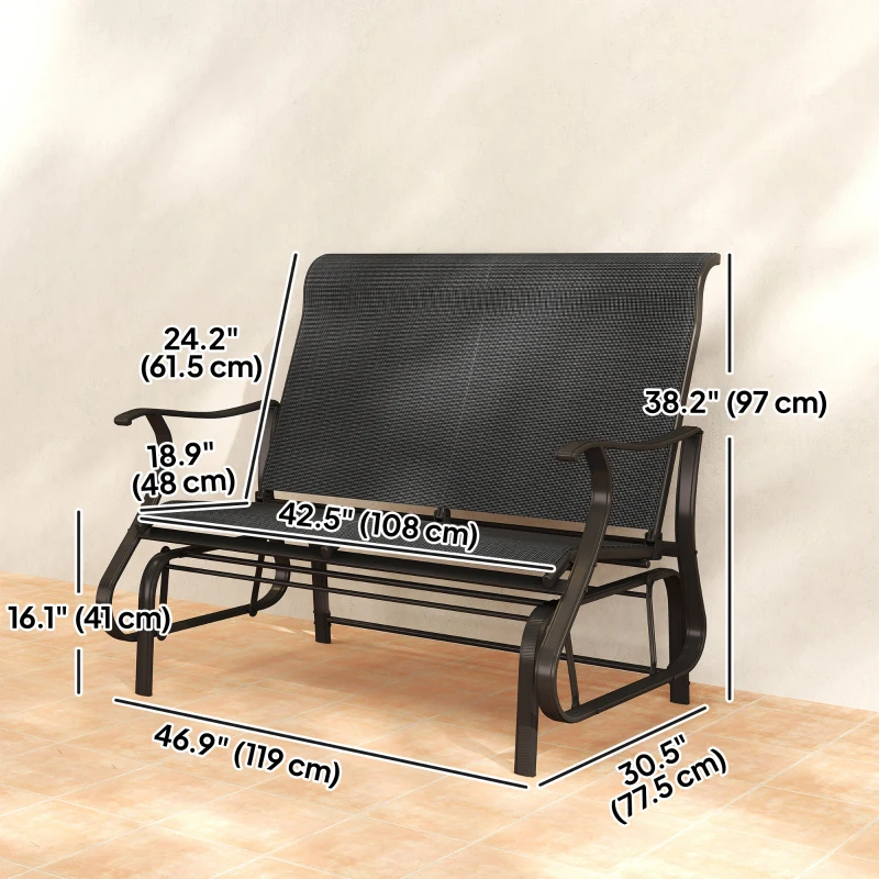 Outsunny Garden Double Gliding Chair, Patio Glider Armchair for Outdoor, Backyard Mesh Seat and Backrest, Steel Frame Black