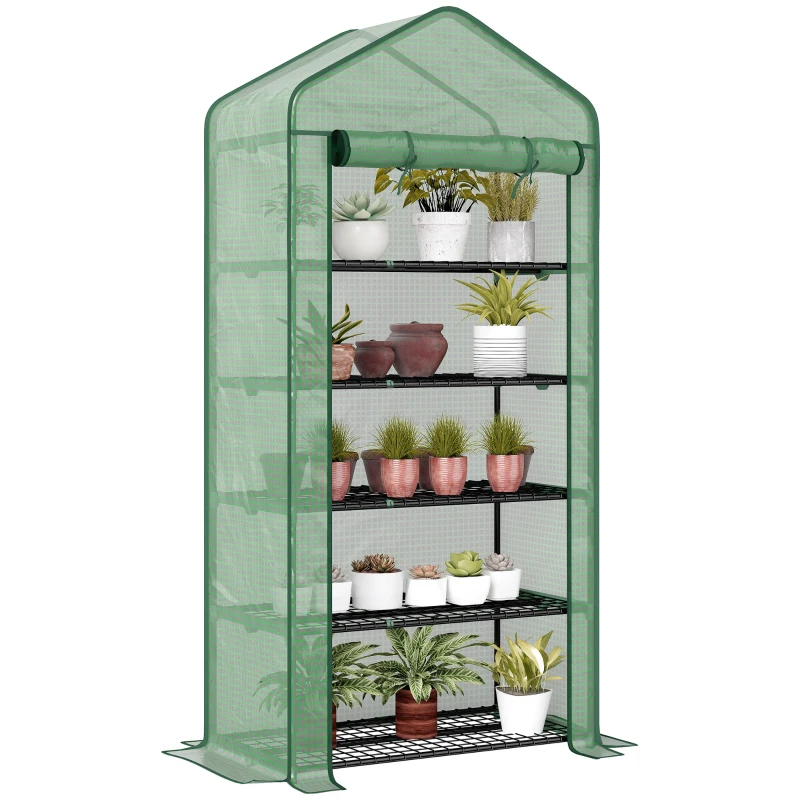 Outsunny 5 Tier Mini Greenhouse, Small Portable Greenhouse with PE Cover, Roll-Up Zippered Door, 76" x 35.4" x 19.3", Green