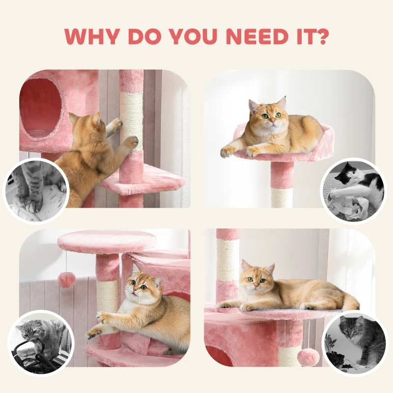 PawHut 62" Cat Tree with Scratching Post, 2 Condos, Hammock, Perches, Plush, Pompoms, for Indoor Cats, Pink