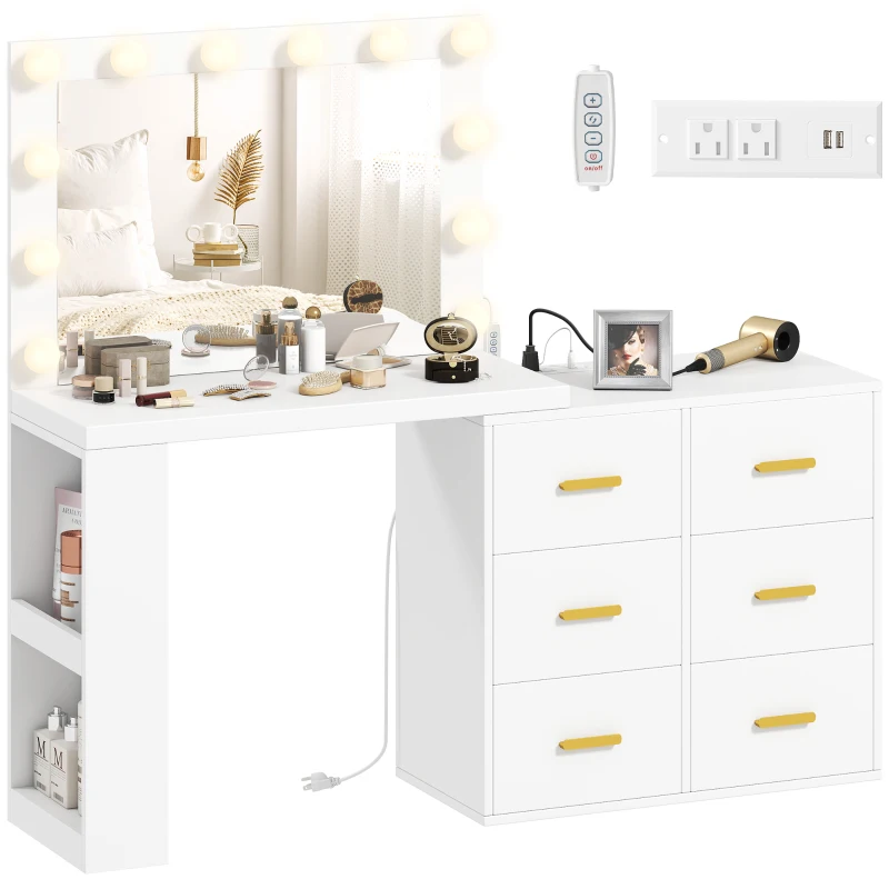 HOMCOM Vanity Desk with Mirror and 12 LED Lights, Makeup Table w/ Power Outlet, 3 Light Colour, 6 Drawers and 2 Shelves, White