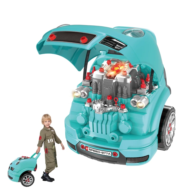 Qaba Mechanic Kids Truck Engine Toy Set, Car Service Play Set, Teal