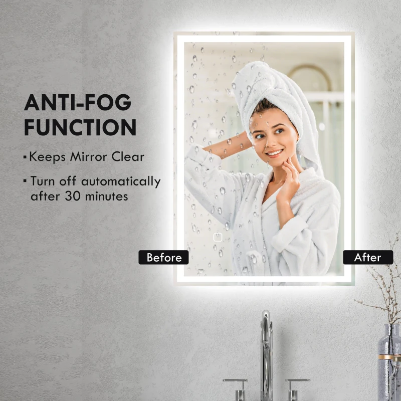 HOMCOM 28" x 20" Bathroom Mirror with LED Lights, Dimmable Makeup Mirror, Vanity Mirror with 3 Colors, Smart Touch, Anti-Fog