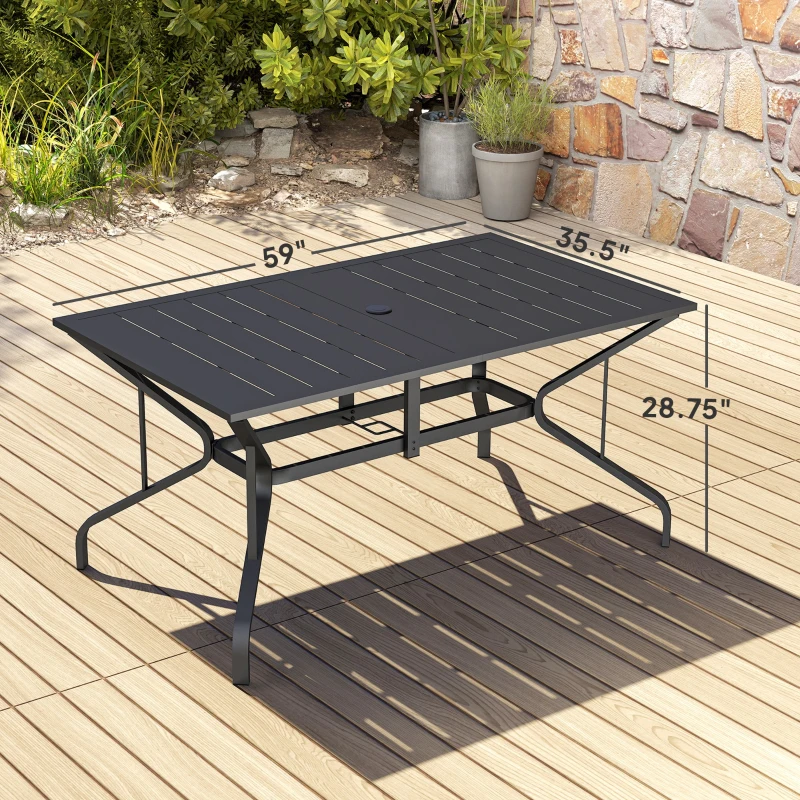 Outsunny Rectangular Patio Table with Umbrella Hole, Steel Rectangle Outdoor Dining Table for 6 People for Garden, Black