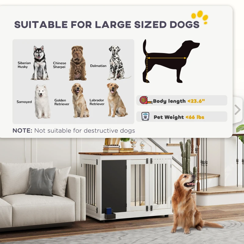 PawHut 39" Dog Crate Furniture Side Table for Large Dogs with Three Doors, Blackboard & Non-Slip Foot Pads, White