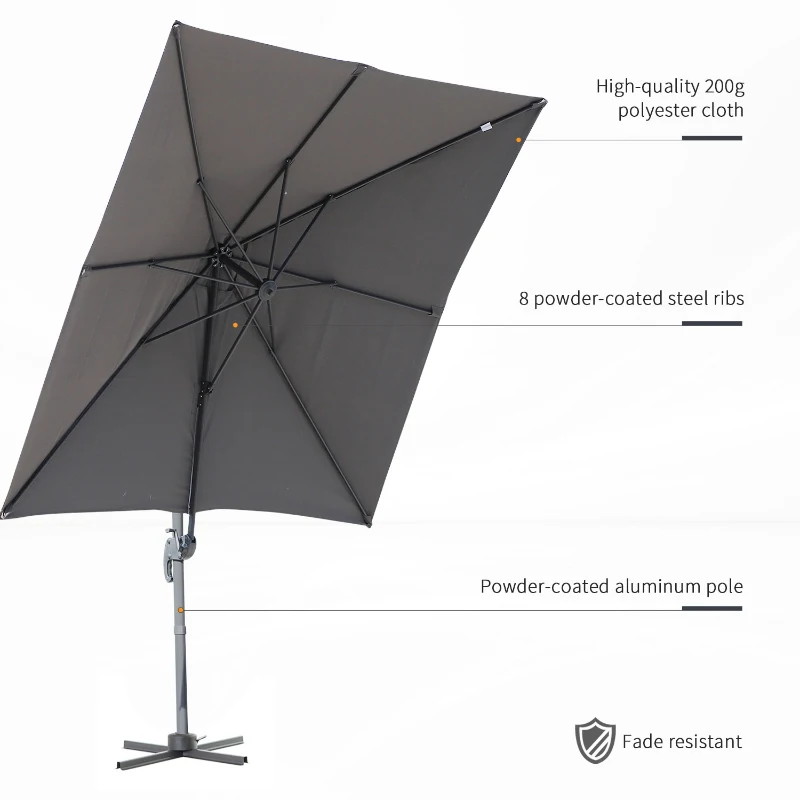 Outsunny 8' x 8' Square Patio Hanging Offset Umbrella Aluminum Outdoor Cantilever Crank Market Parasol Garden Sun Canopy Shelter 360° Rotation w/ Cross Base Grey