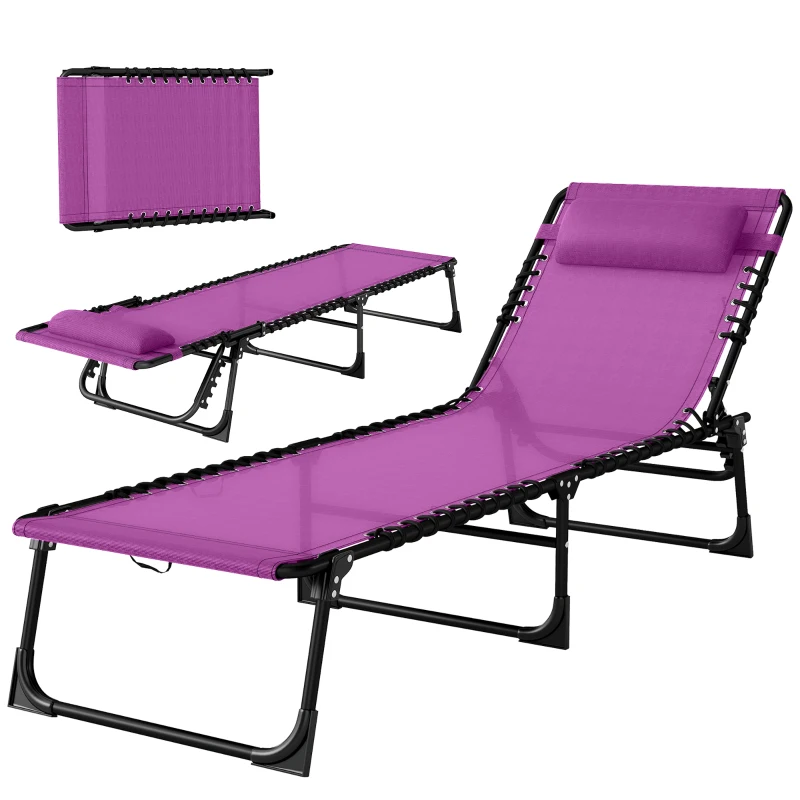 Outsunny Folding Chaise Lounge Pool Chair with 4-Position Reclining Back, Pillow, Breathable Mesh & Bungee Seat, Purple