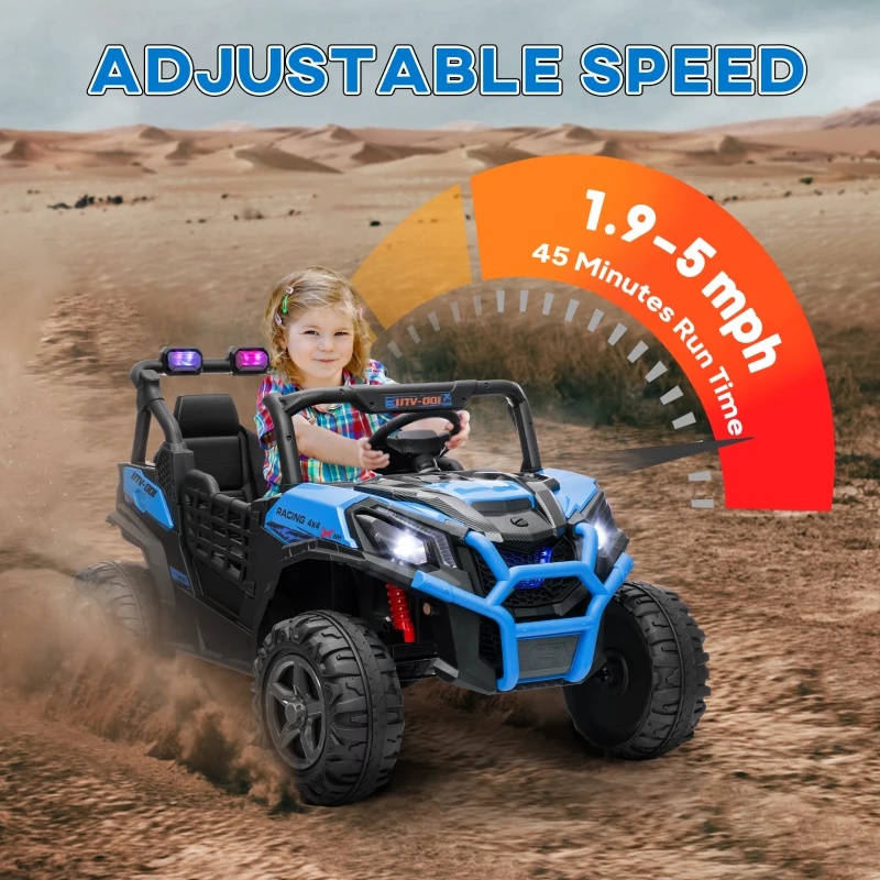 Qaba 2 Seater 24V Kids Electric Car w/ Remote Control, 3 Speed, LED Lights, Music, Horn, Spring Suspension, Slow Start, Blue