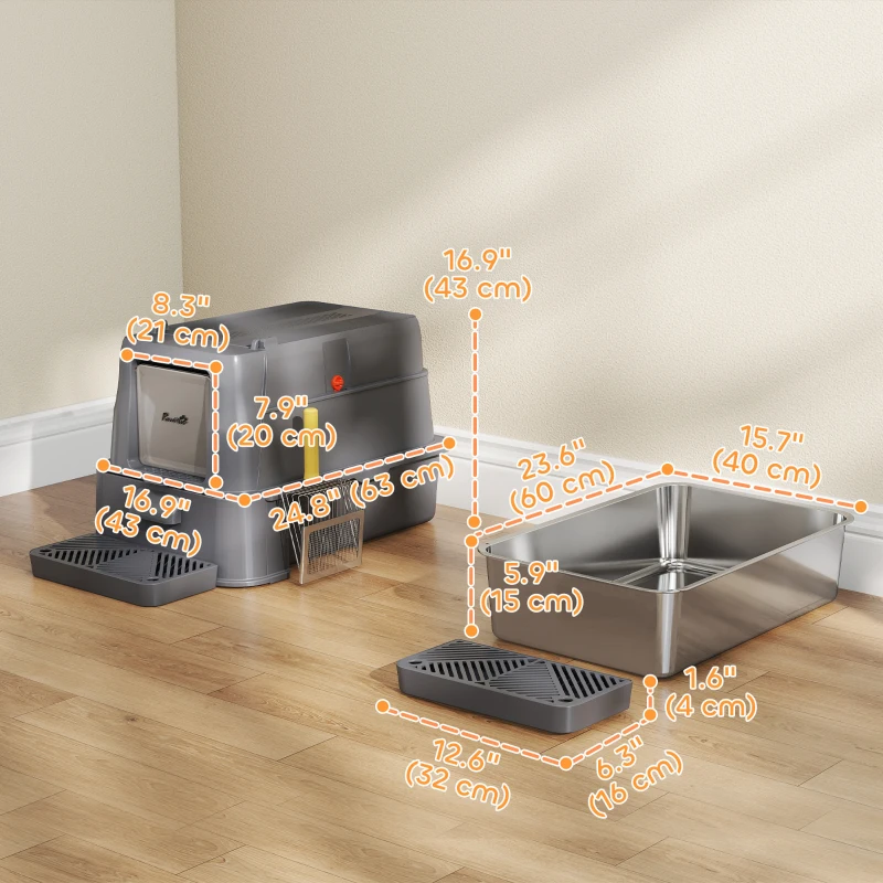 PawHut 80L XL Stainless Steel Cat Litter Box for Big Cats with Flip Cover, Pull-Out Drawer Tray, High Sided, Pedal, Dark Grey