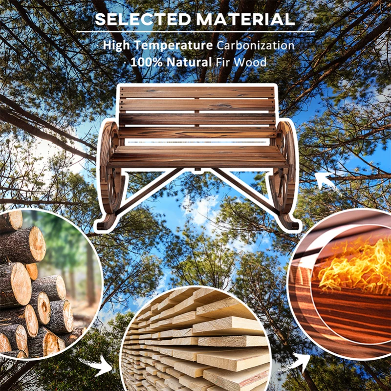 Outsunny Rocking Outdoor Bench, Wood Outdoor Loveseat with Wagon Wheel Armrests, Carbonized