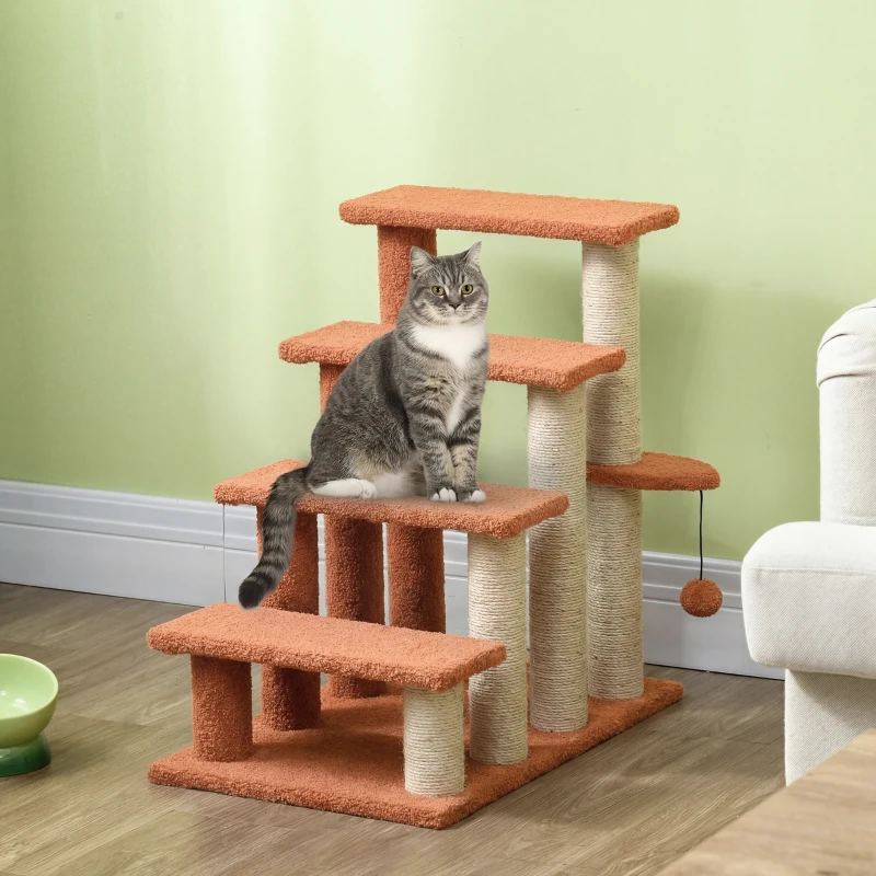 PawHut 4 Levels Cat Steps with Scratching Posts for High Bed, Sofa, Brown