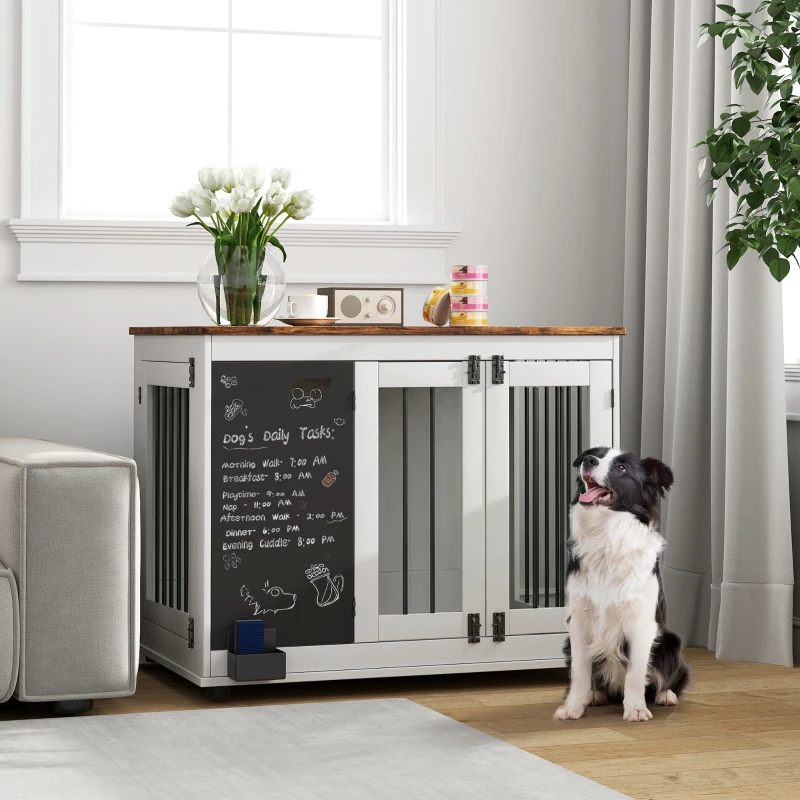 PawHut 39" Dog Crate Furniture Side Table for Large Dogs with Three Doors, Blackboard & Non-Slip Foot Pads, White