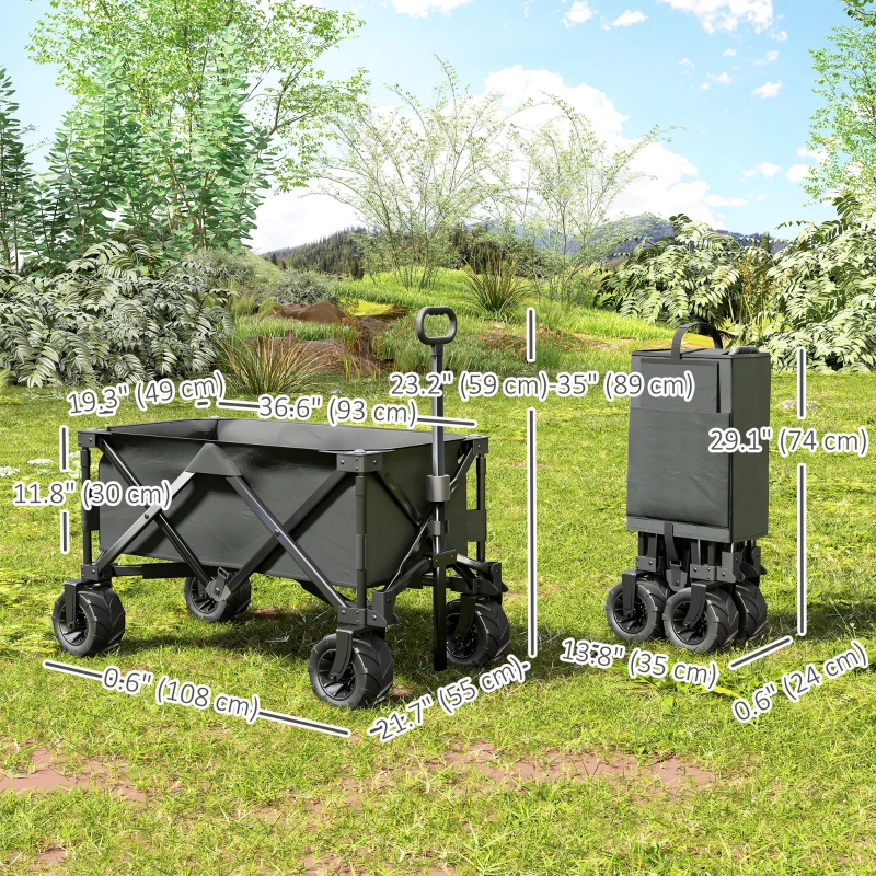 Outsunny Outdoor Pull Along Trailer Folding Camping Trailer for Beach Garden with Handle, Anti-Slip Wheel - Dark Grey