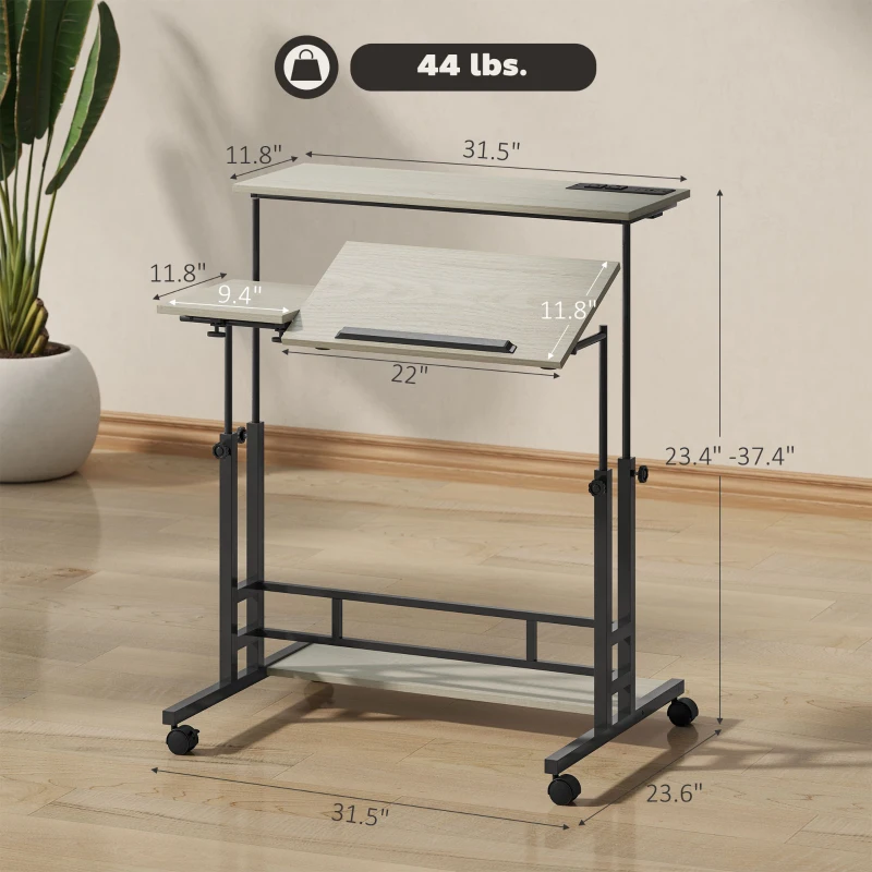 HOMCOM Adjustable Standing Desk with Power Outlets, Stand Up Desk with Tiltable Tabletop, Wheels, Shelf, for Home Office, Oak