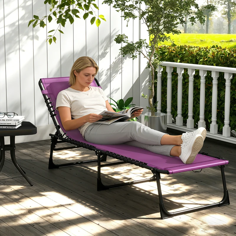 Outsunny Folding Chaise Lounge Pool Chair with 4-Position Reclining Back, Pillow, Breathable Mesh & Bungee Seat, Purple