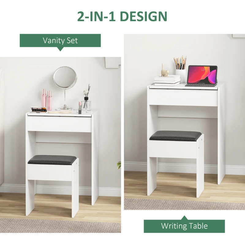 HOMCOM Modern Vanity Set with Makeup Table and Cushioned Stool, Dressing Table with Flip Top and Mirror for Bedroom, White