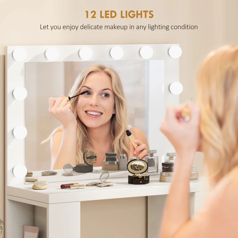 HOMCOM Vanity Desk with Mirror and 12 LED Lights, Makeup Table w/ Power Outlet, 3 Light Colour, 6 Drawers and 2 Shelves, White