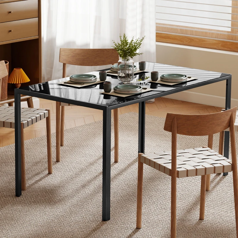 HOMCOM Rectangular Kitchen Table for 4 People, Dining Table with Tabletop Tempered Glass for Dining Room, Living Room, Black