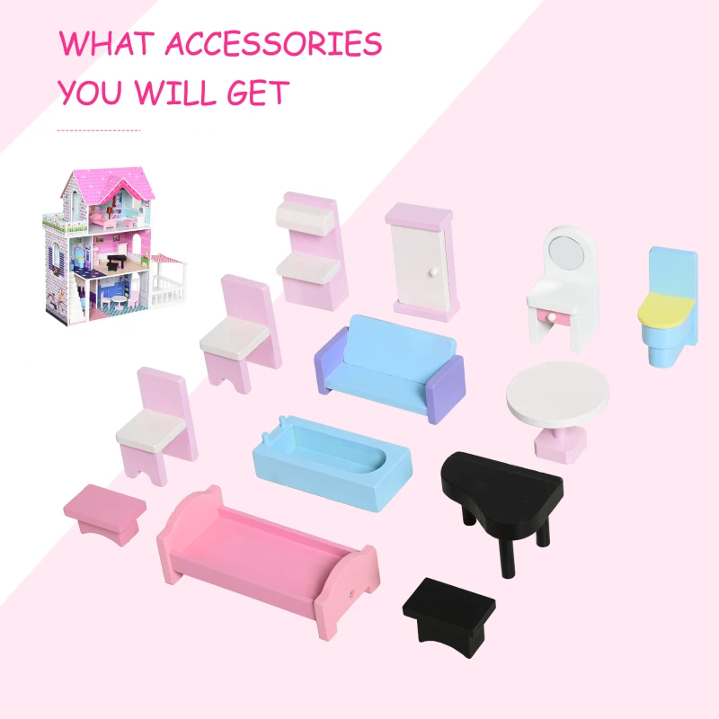 Qaba Kids Wooden Dollhouse Playset 3-Story Dream House Villa Kit with Sun Room, Balcony and 13 Accessories for ages 3+