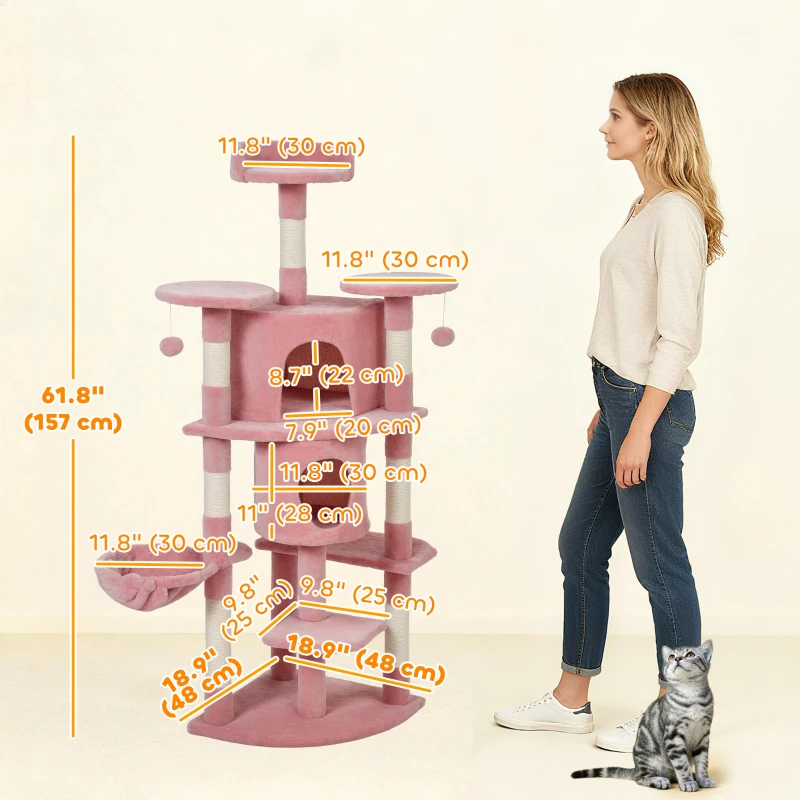 PawHut 62" Cat Tree with Scratching Post, 2 Condos, Hammock, Perches, Plush, Pompoms, for Indoor Cats, Pink