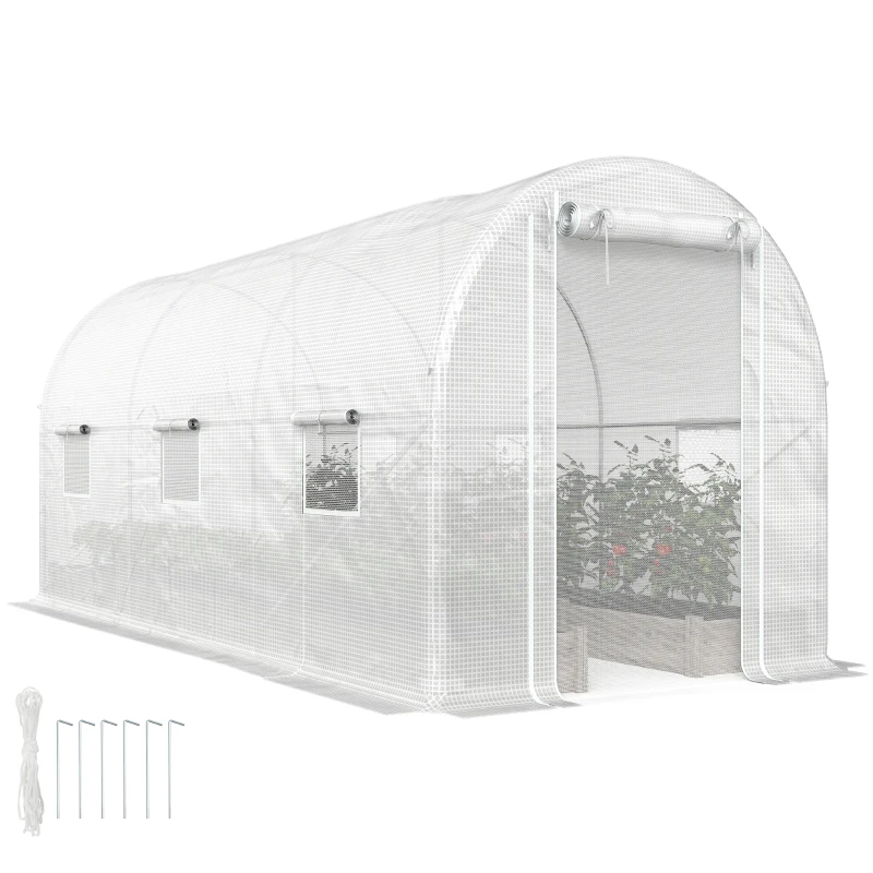Outsunny Hoop House Greenhouse, Walk-in Tunnel Greenhouse with 2 Support Rods, Zippered Roll-up Mesh Door, 14.6'x6.5'x6.6', White