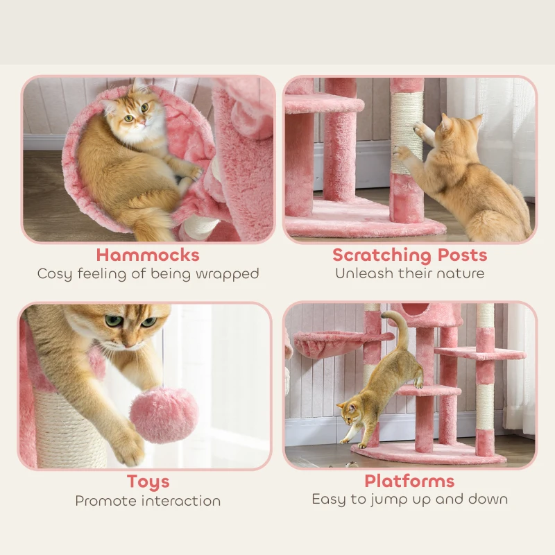 PawHut 62" Cat Tree with Scratching Post, 2 Condos, Hammock, Perches, Plush, Pompoms, for Indoor Cats, Pink