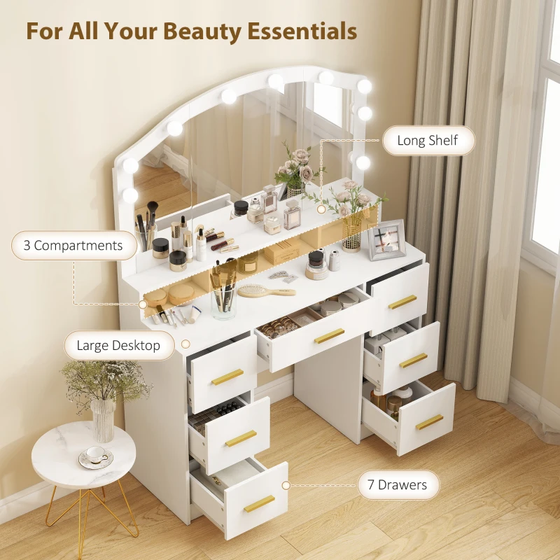 HOMCOM Makeup Vanity with Mirror and 10 LED Lights, 3 Colour Adjustable, Dressing Table with 7 Drawers, 3 Compartments, White
