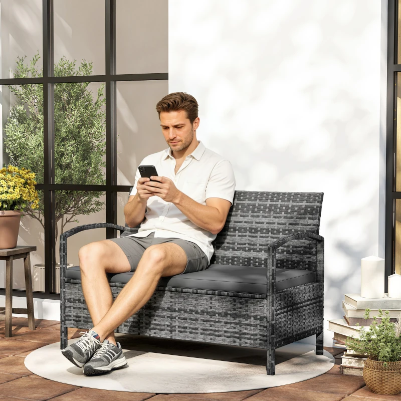 Outsunny 33 Gallon Outdoor Storage Bench, Wicker Deck Box Patio Bench Seat with Cushion, Grey