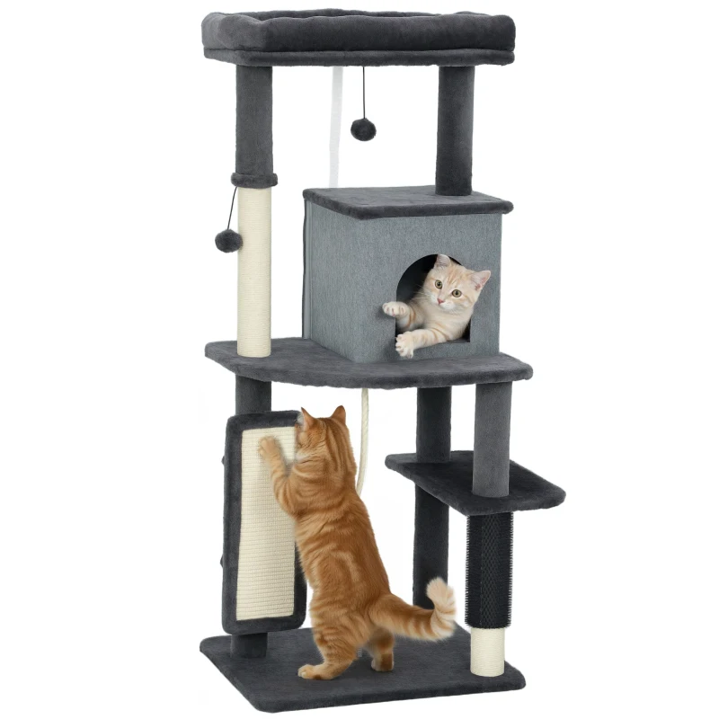 PawHut 52 Inch Cat Tree with Scratching Posts, Cat Bed, Condo, Grooming Brush, Jumping Platforms, Toy Balls, Anti-tip Kit