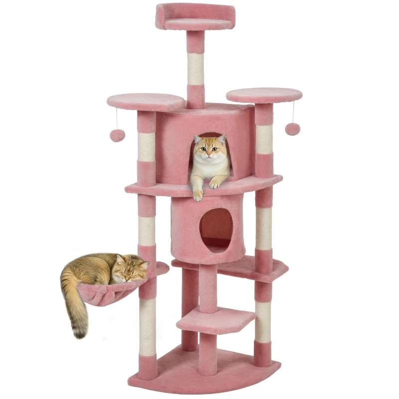 PawHut 62" Cat Tree with Scratching Post, 2 Condos, Hammock, Perches, Plush, Pompoms, for Indoor Cats, Pink
