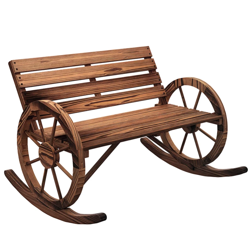 Outsunny Rocking Outdoor Bench, Wood Outdoor Loveseat with Wagon Wheel Armrests, Carbonized
