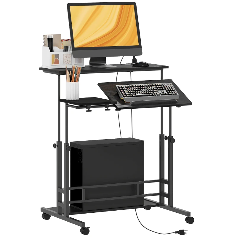 HOMCOM Adjustable Standing Desk with Power Outlets, Stand Up Desk with Tiltable Tabletop, Wheels, Shelf, for Home Office, Black