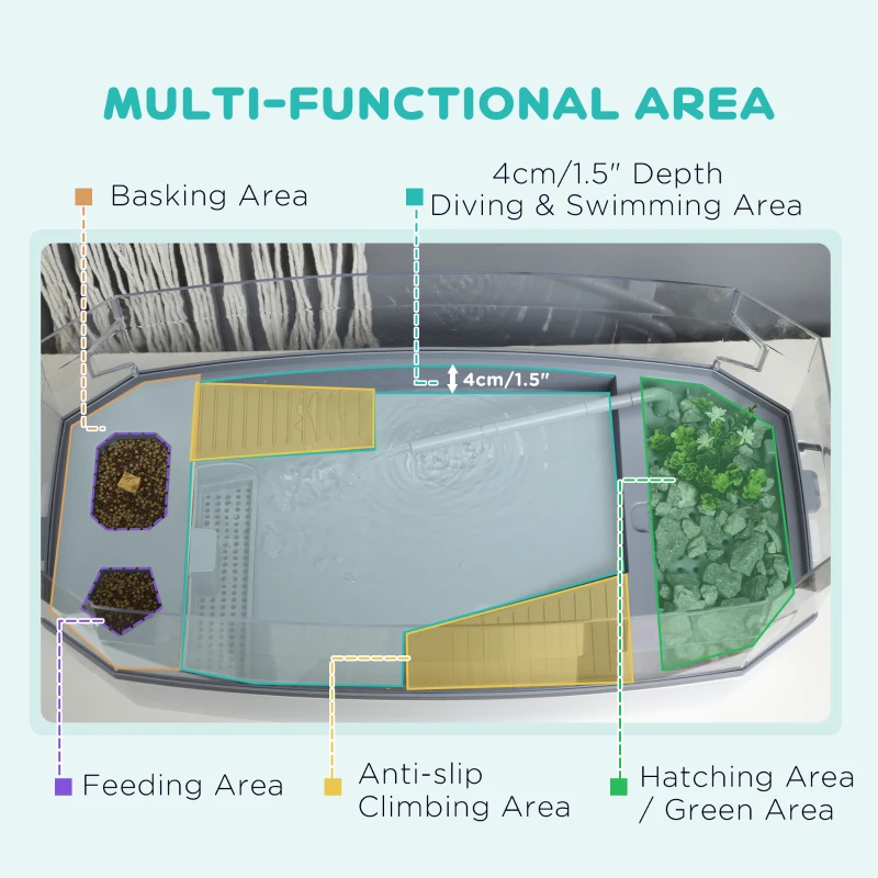PawHut Turtle Tank Kit, Turtle Aquarium with Basking Platform, Water Pump, Filter Layer Design, Reptile Habitat