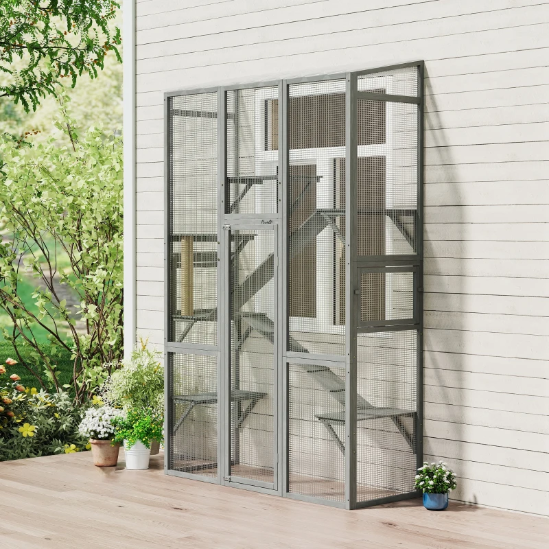 PawHut Wooden Catio Outdoor Cat Enclosure with 6 Jumping Platforms, Scratching Post, 2 Ramps, Waterproof Roof, Grey