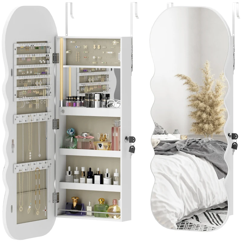 HOMCOM Jewelry Armoire Cabinet with Lights, Wall Mounted or Door Hanging Mirror Jewelry Cabinet with Full Length Mirror, White