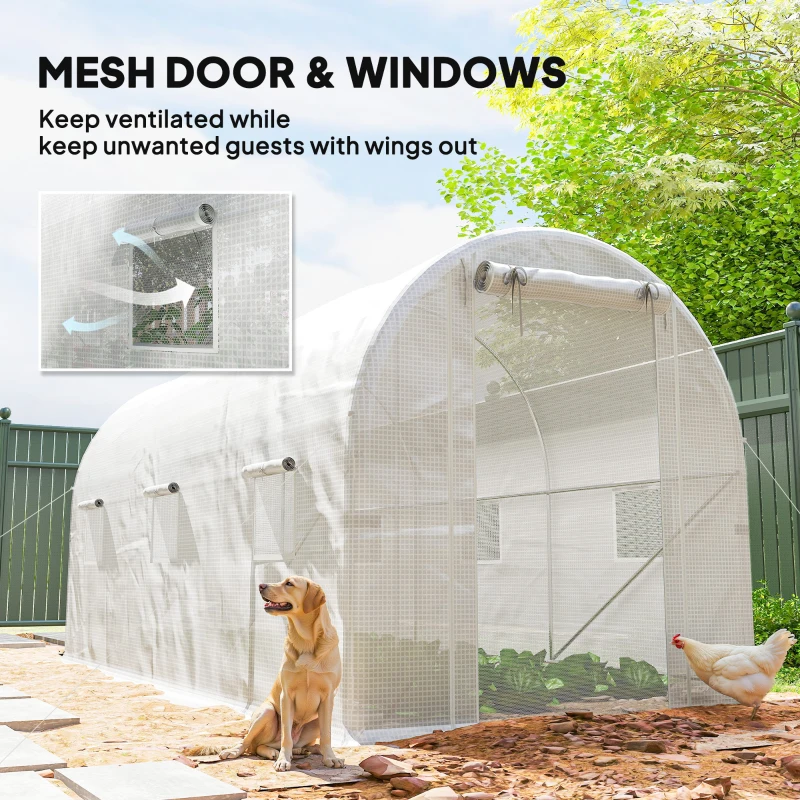 Outsunny Hoop House Greenhouse, Walk-in Tunnel Greenhouse with 2 Support Rods, Zippered Roll-up Mesh Door, 14.6'x6.5'x6.6', White